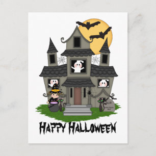 Cartão Postal Casa assombrada do Halloween e pequena bruxa branc