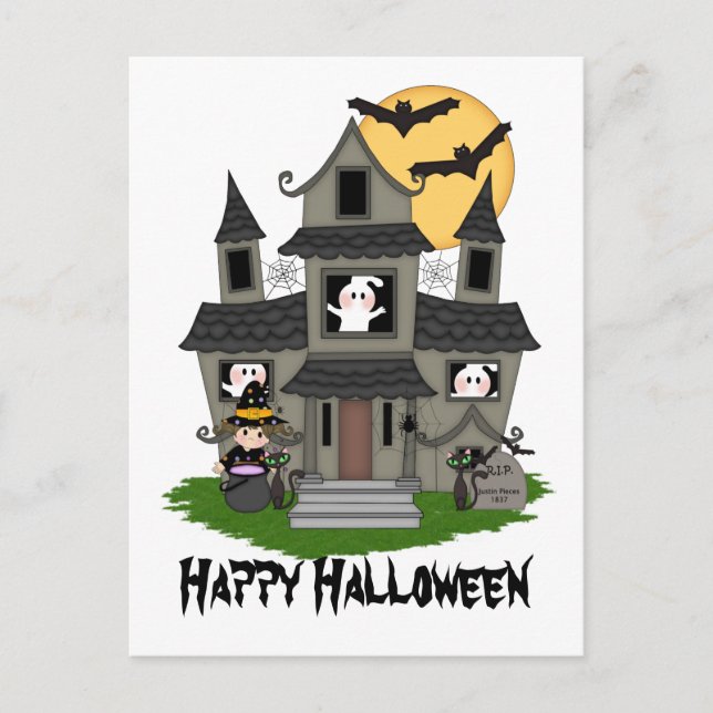 Cartão Postal Casa assombrada do Halloween e pequena bruxa branc (Frente)