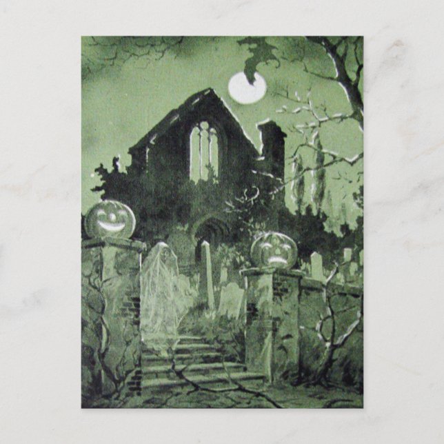 Cartão Postal Casa Assombrada Jack O' Lantern Fantasma Morcego (Frente)