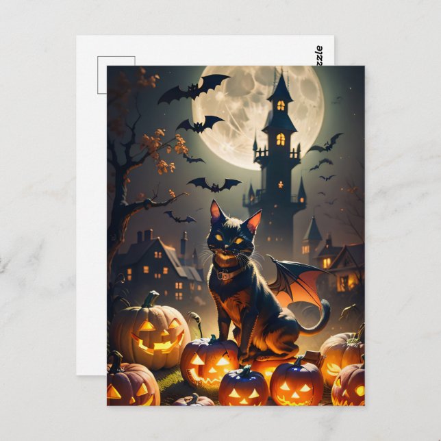 Cartão Postal Casa Assombrada, Lua Cheia, Gato Preto Halloween (Frente/Verso)