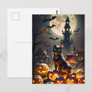Cartão Postal Casa Assombrada, Lua Cheia, Gato Preto Halloween