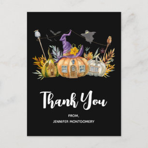 Cartão Postal Casa de Abóbora Assombrada com Fantasma e Morcegos