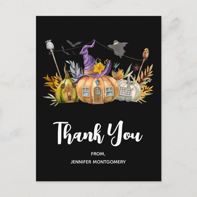 Cartão Postal Casa de Abóbora Assombrada com Fantasma e Morcegos (Frente)