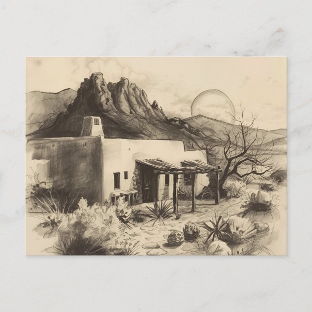 Cartão Postal Casa de Adobe do Sudoeste com Paisagem Desértica (Frente)