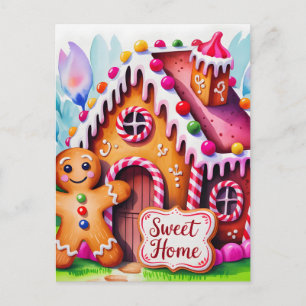 Cartão Postal Casa de Biscoito de Gengibre Caprichosa "Doce Lar"