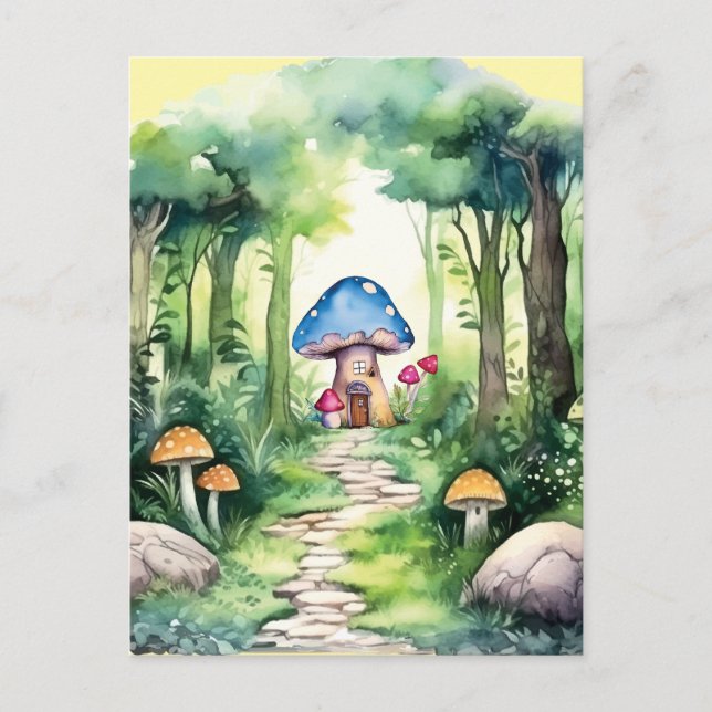 Cartão Postal Casa de Cogumelos Encantada em Floresta Mágica (Frente)