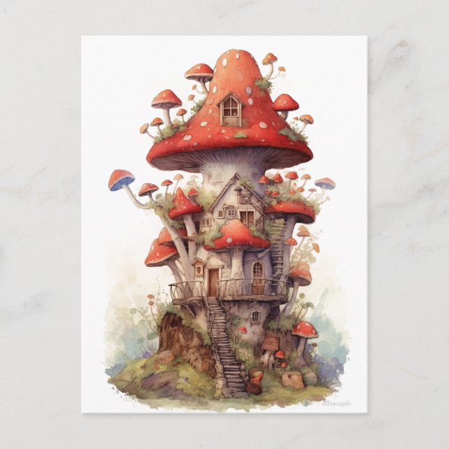 Cartão Postal Casa de cogumelos vermelhos e brancos (Frente)