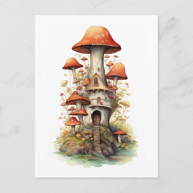 Cartão Postal Casa de cogumelos vermelhos e brancos (Frente)