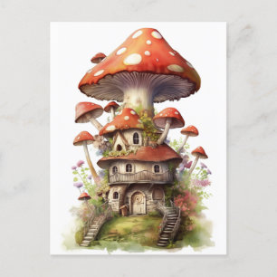 Cartão Postal Casa de cogumelos vermelhos e brancos
