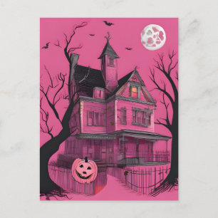 Cartão Postal Casa de Halloween Assombrada Rosa
