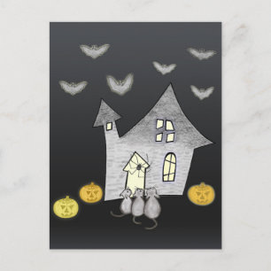 Cartão Postal Casa de Halloween, Gatos Pretos, Morcegos, Abóbora