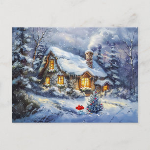 Cartão Postal Casa de Inverno Aconchegante com Árvore de Natal