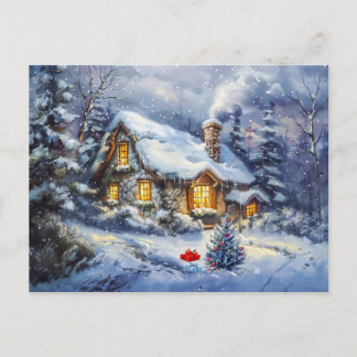 Cartão Postal Casa de Inverno Aconchegante com Árvore de Natal