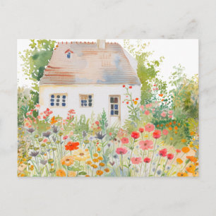 Cartão Postal Casa de jardim da natureza em aquarela Desenhado à