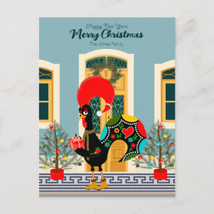 Cartão Postal Casa de Natal portuguesa com saudações de galo