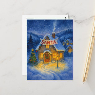 Cartão Postal Casa de Papai Noel Festiva Aquarela Natal