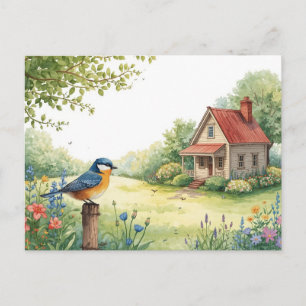 Cartão Postal Casa de Verão Natureza Postal Aquarela