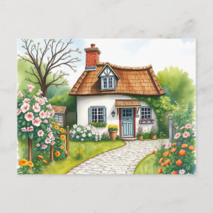 Cartão Postal Casa Encantadora Aquarela Flores em Flor 