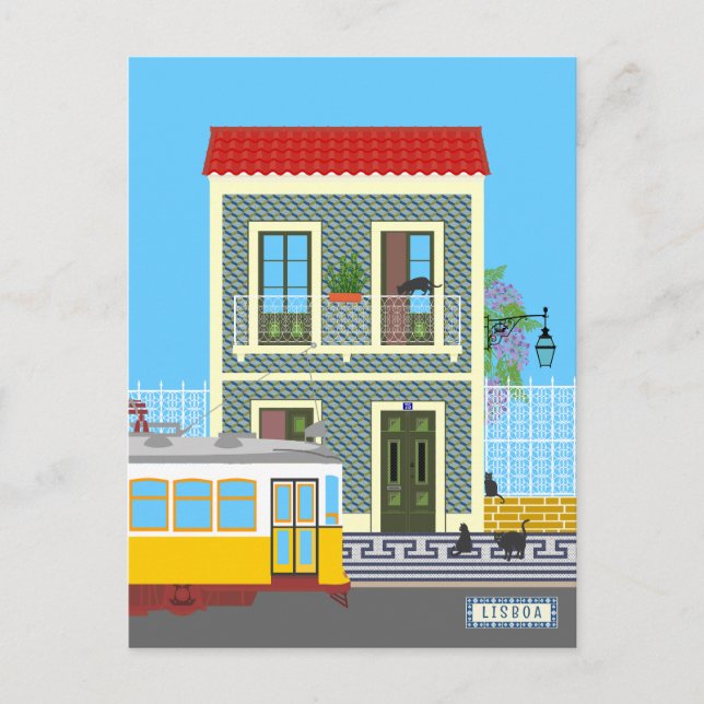 Cartão Postal Casa velha de Lisboa com gatos e elétrico amarelo (Frente)