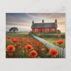 Cartão Postal Casa vermelha no campo com cerca de piquete