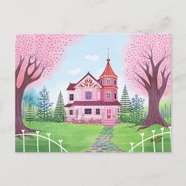 Cartão Postal Casa Vitoriana Rosa e Flor de Cereja (Frente)