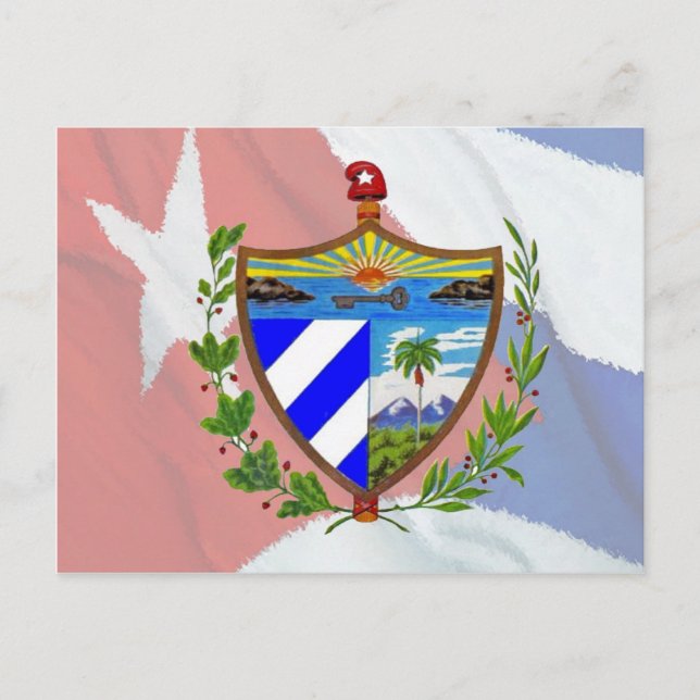Cartão Postal Casaco de Armas Cubanas sobre Bandeira Cubana (Frente)