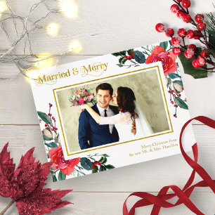 Cartão Postal Casado E Alegre Foto De Natal Floral Vermelha