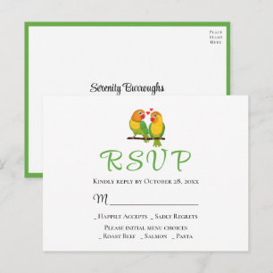 Cartão Postal Casais de Pássaros Amarelo Verde RSVP Casamento 