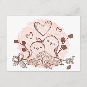 Cartão Postal Casais de Pássaros Rosa e Marrom Amor de Casamento