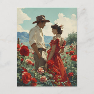 Cartão Postal Casal Antigo em um campo de rosas