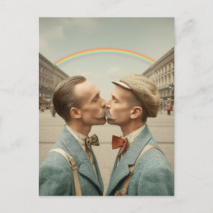 Cartão Postal Casal Antigo se Beija sob Arco-íris