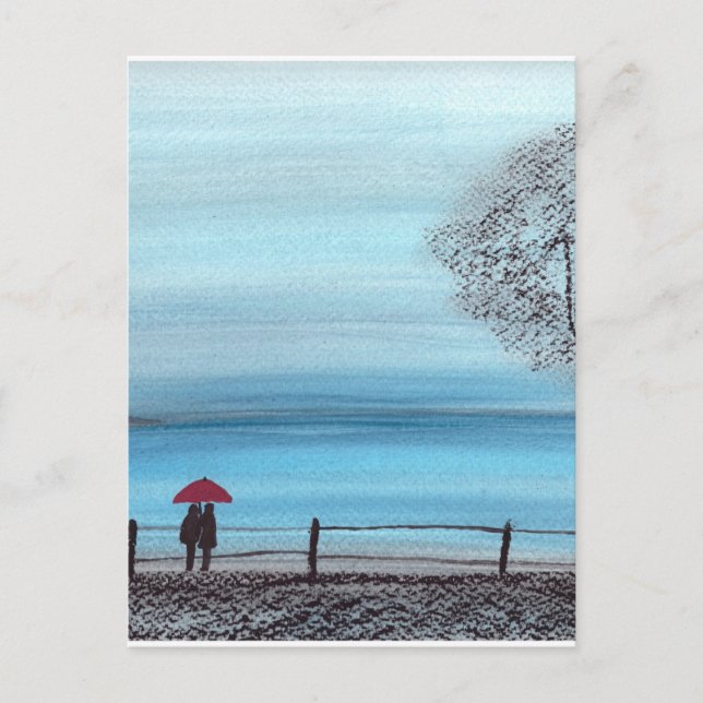 Cartão Postal Casal apaixonado por um guarda-chuva vermelho (Frente)
