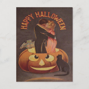 Cartão Postal Casal Beijando Coruja Abóbora de Halloween Gato Pr