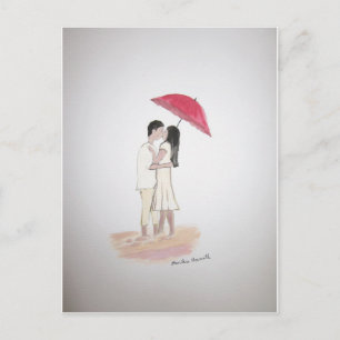 Cartão Postal casal de amor com guarda-chuva vermelha