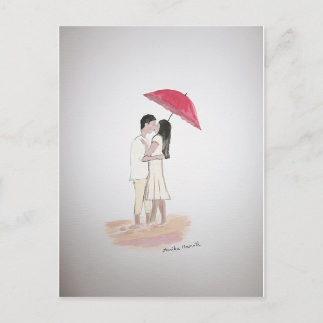 Cartão Postal casal de amor com guarda-chuva vermelha (Frente)