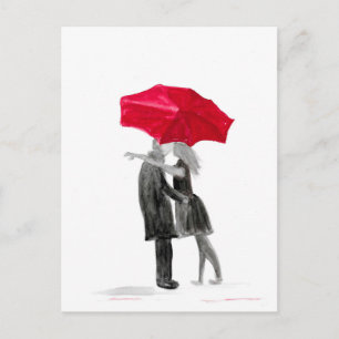 Cartão Postal Casal de amor com guarda-chuva vermelha