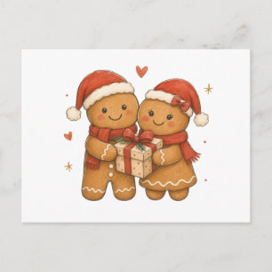 Cartão Postal Casal de Biscoito de Gengibre com Presente e Chapé