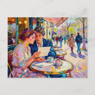Cartão Postal Casal de Café Impressionista Lendo e Debatendo Let