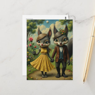 Cartão Postal Casal de Esquilos Surrealistas Caminham no Parque