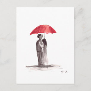 Cartão Postal Casal de guarda-chuva vermelho