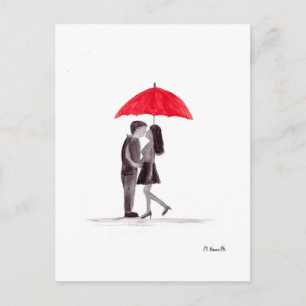Cartão Postal Casal de guarda-chuva vermelho apaixonado aquarela