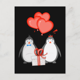 Cartão Postal Casal de Pinguins Balão Coração Pinguim