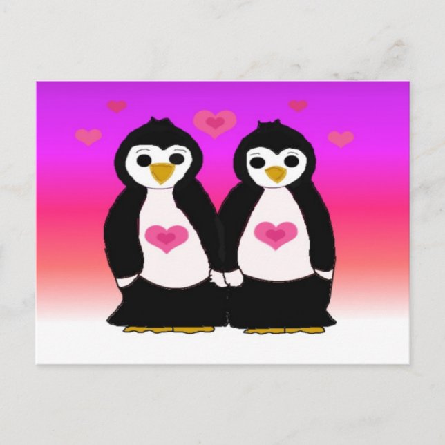 Cartão Postal Casal de Pinguins com Corações (Frente)