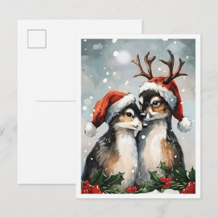 Cartão Postal Casal de Veados Natal Feliz Vintage