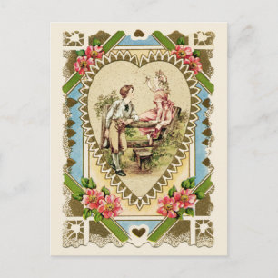 Cartão Postal Casal Doce em Quadro de Coração Reprodução Vintage