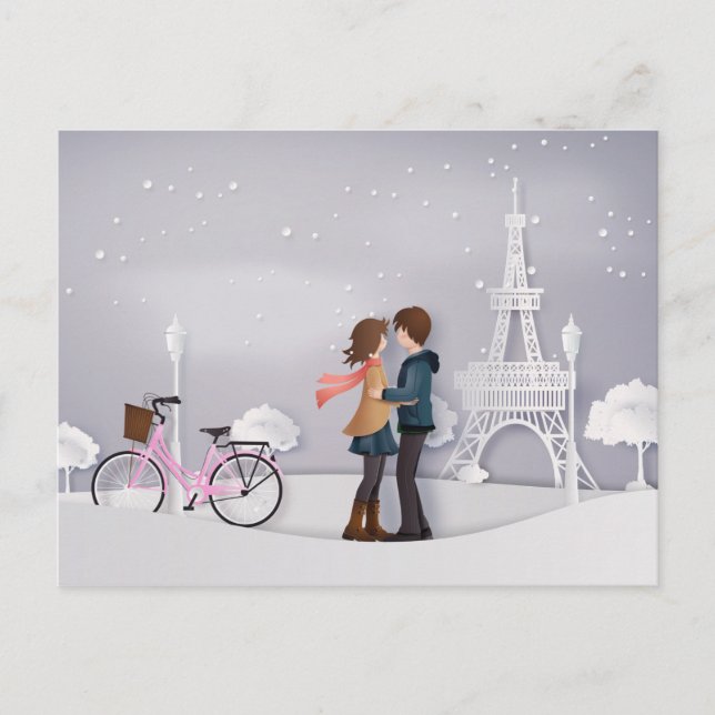 Cartão Postal Casal em Snowy Paris com Torre Eiffel (Frente)