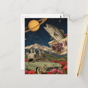 Cartão Postal Casal em um Copo de Chá de Carro Retro Peixe Salta