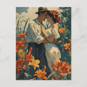 Cartão Postal Casal em Vintage Lily Field: Beleza do Eterno