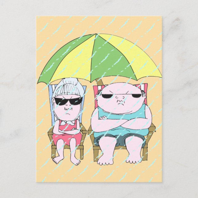 Cartão Postal Casal Engraçado na Praia em Arte Chuva (Frente)