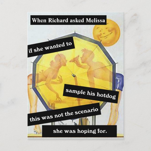 Cartão Postal Casal na Praia com Hotdog Personalizado Divertido (Frente)